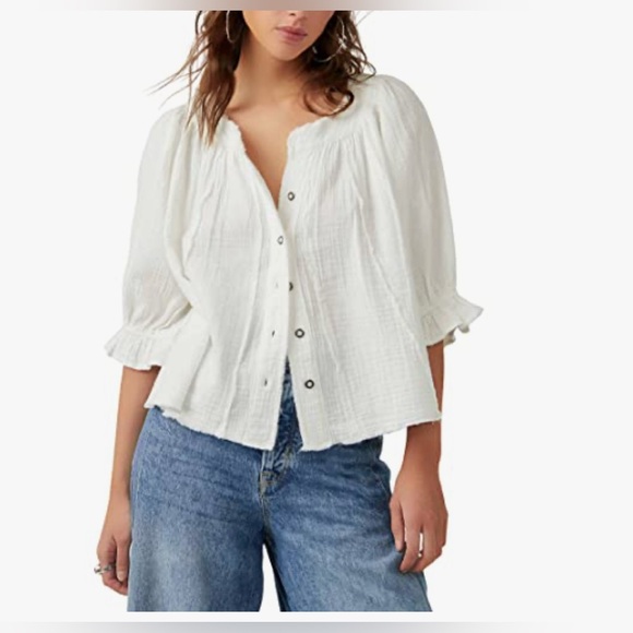 Free People Tops - Free People Lucy Solid Swing Button Front Blouse. Cotton Gauze. Size L.
